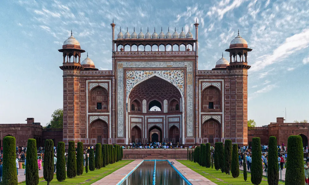 Great Gate of the Taj Mahal seen from the gardens