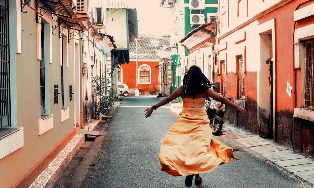 Street of colorful colonial houses in Panjim, Goa