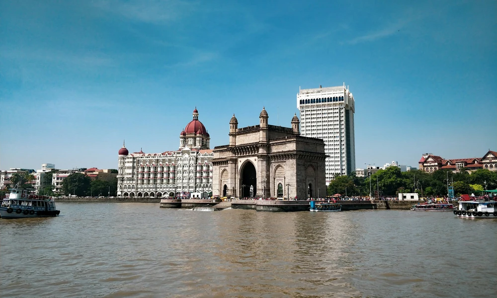 The Gateway of India and the Taj Mahal Palace hotel seen from the sea, in Mumbai
