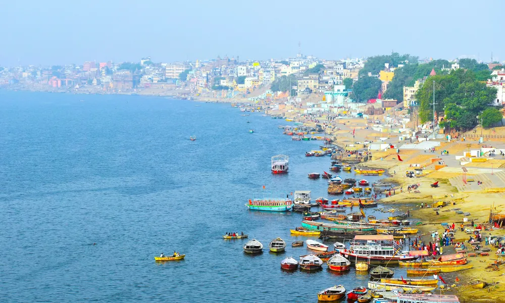 The central ghats of Varanasi with boats on the Ganges